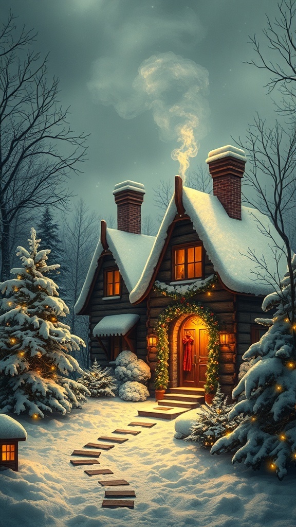 A nostalgic vintage Christmas cottage in a snowy landscape with twinkling lights.